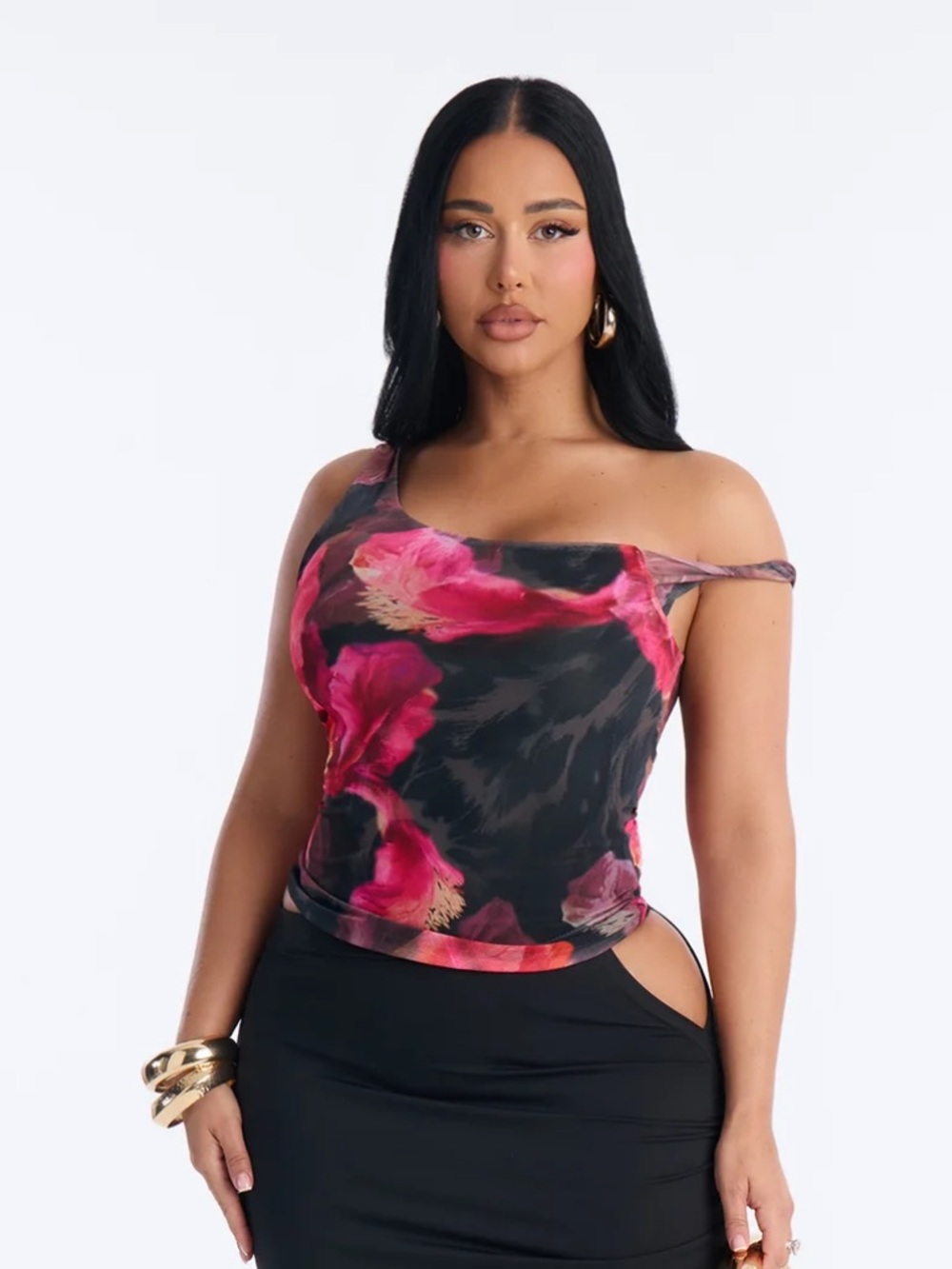 NWT Fashion Nova Emmy Mesh Off Shoulder Floral Twist Top - Black/combo
